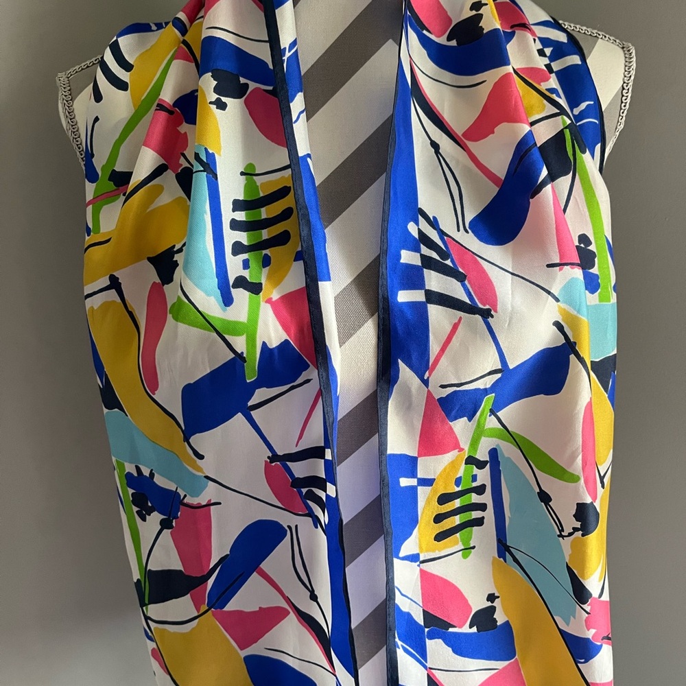 Colorful Abstract Vintage Silk Print Scarf - 52” l x 11” w - Picture 2 of 8